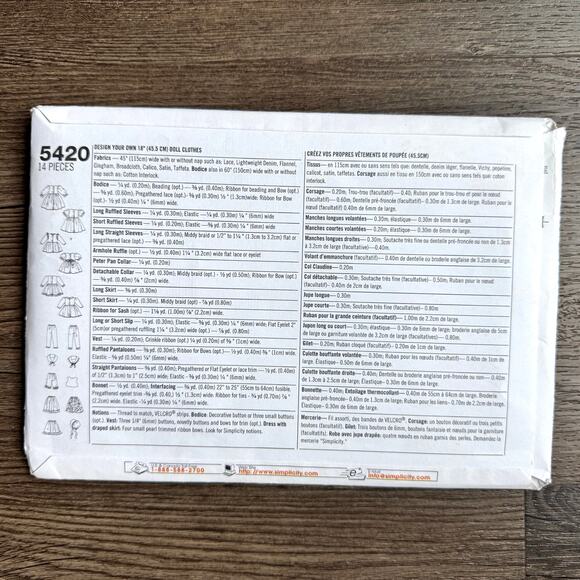 UNCUT Vintage Y2K Simplicity 5420 Sewing Pattern 18" Doll Clothes Make Your Own - Picture 2 of 2